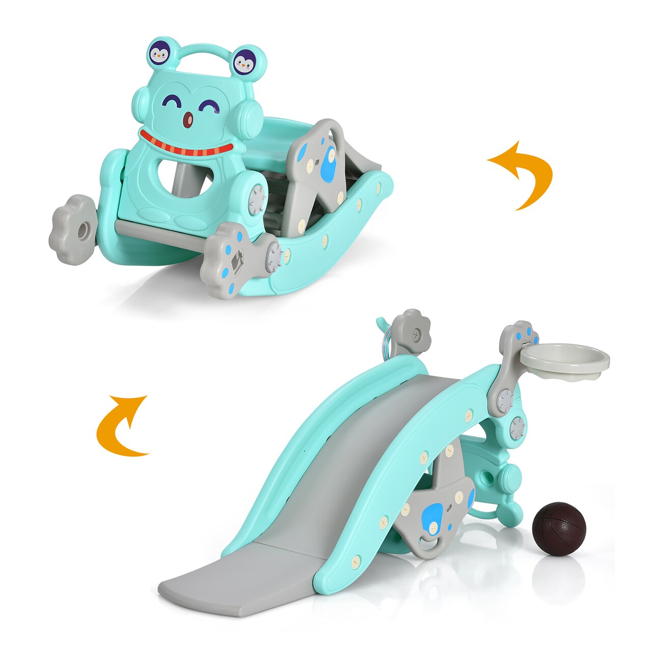 Costway 4-in-1 Rocking Horse & Slide Set Toddler Slide Toy with Basketball Hoop Blue/Pink